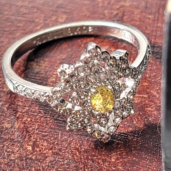 Ornate Rhodium-Plated Size 9 Ring with Yellow Gemstone and Intricate Detailing - Picture 12 of 15